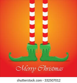 vector creative merry christmas greeting card, christmas cartoon elf's legs on white snow background