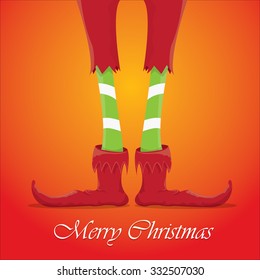 vector creative merry christmas greeting card, christmas cartoon elf's legs on white snow background