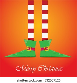 vector creative merry christmas greeting card, christmas cartoon elf's legs on white snow background
