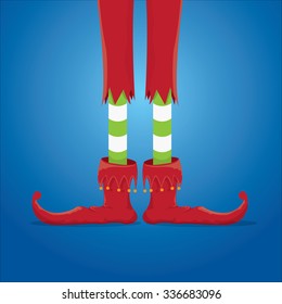 vector creative merry christmas greeting card, christmas cartoon elf's legs on white snow background