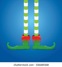 vector creative merry christmas greeting card, christmas cartoon elf's legs on white snow background