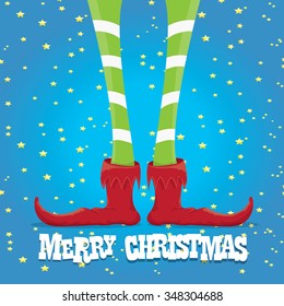 vector creative merry christmas greeting card, christmas cartoon elf's legs on blue  background