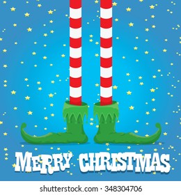 vector creative merry christmas greeting card, christmas cartoon elf's legs on blue  background