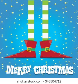 vector creative merry christmas greeting card, christmas cartoon elf's legs on blue  background