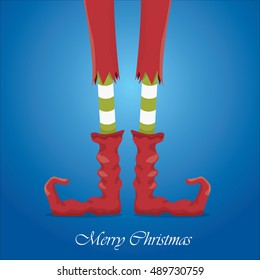 vector creative merry christmas greeting card, christmas cartoon elf's legs on blue snow background