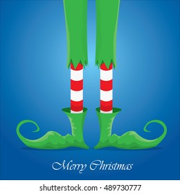 vector creative merry christmas greeting card, christmas cartoon elf's legs on blue snow background