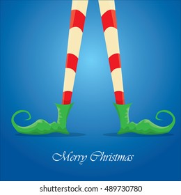 vector creative merry christmas greeting card, christmas cartoon elf's legs on blue snow background