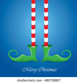 vector creative merry christmas greeting card, christmas cartoon elf's legs on blue snow background