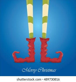 vector creative merry christmas greeting card, christmas cartoon elf's legs on blue snow background