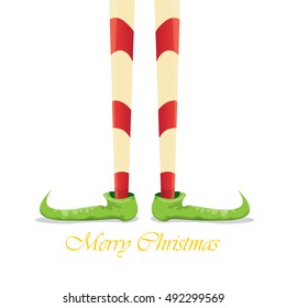 vector creative merry christmas greeting card, christmas cartoon elf's legs on white snow background