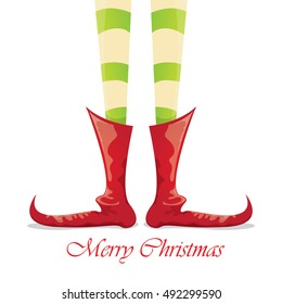 vector creative merry christmas greeting card, christmas cartoon elf's legs on white snow background