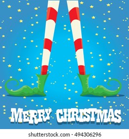 vector creative merry christmas greeting card, christmas cartoon elf's legs on star background