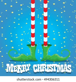 vector creative merry christmas greeting card, christmas cartoon elf's legs on star background
