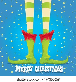 vector creative merry christmas greeting card, christmas cartoon elf's legs on star background