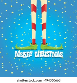 vector creative merry christmas greeting card, christmas cartoon elf's legs on star background