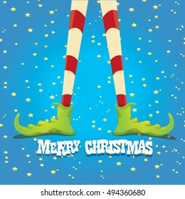 vector creative merry christmas greeting card, christmas cartoon elf's legs on star background