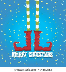 vector creative merry christmas greeting card, christmas cartoon elf's legs on star background
