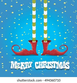 vector creative merry christmas greeting card, christmas cartoon elf's legs on star background