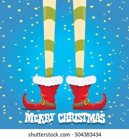 vector creative merry christmas greeting card, christmas cartoon elf's legs on blue stars background