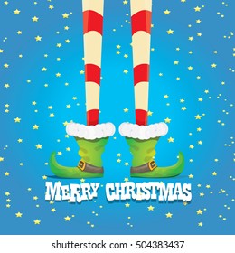 vector creative merry christmas greeting card, christmas cartoon elf's legs on blue stars background