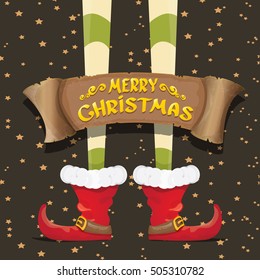 vector creative merry christmas greeting card with cartoon elf's legs, old vintage paper ribbon or banner and greeting handdrawn calligraphic text Merry christmas. Vector merry christmas background