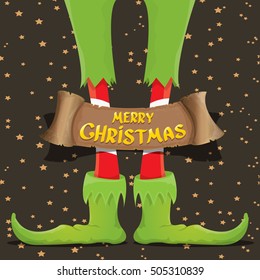 vector creative merry christmas greeting card with cartoon elf's legs, old vintage paper ribbon or banner and greeting handdrawn calligraphic text Merry christmas. Vector merry christmas background