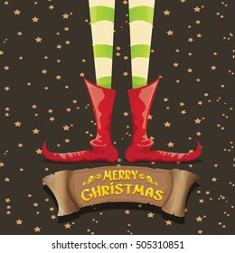 vector creative merry christmas greeting card with cartoon elf's legs, old vintage paper ribbon or banner and greeting handdrawn calligraphic text Merry christmas. Vector merry christmas background