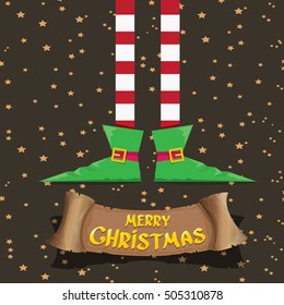 vector creative merry christmas greeting card with cartoon elf's legs, old vintage paper ribbon or banner and greeting handdrawn calligraphic text Merry christmas. Vector merry christmas background