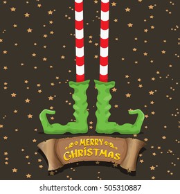 vector creative merry christmas greeting card with cartoon elf's legs, old vintage paper ribbon or banner and greeting handdrawn calligraphic text Merry christmas. Vector merry christmas background