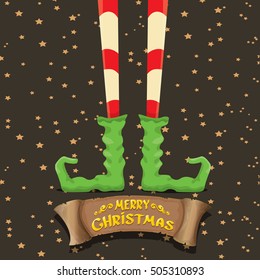vector creative merry christmas greeting card with cartoon elf's legs, old vintage paper ribbon or banner and greeting handdrawn calligraphic text Merry christmas. Vector merry christmas background