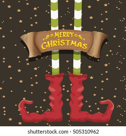 vector creative merry christmas greeting card with cartoon elf's legs, old vintage paper ribbon or banner and greeting handdrawn calligraphic text Merry christmas. Vector merry christmas background