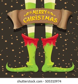 vector creative merry christmas greeting card with cartoon elf's legs, old vintage paper ribbon or banner and greeting handdrawn calligraphic text Merry christmas. Vector merry christmas background