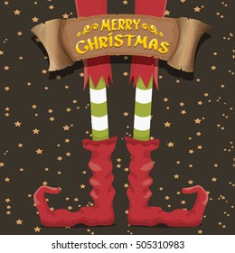 vector creative merry christmas greeting card with cartoon elf's legs, old vintage paper ribbon or banner and greeting handdrawn calligraphic text Merry christmas. Vector merry christmas background