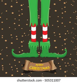 vector creative merry christmas greeting card with cartoon elf's legs, old vintage paper ribbon or banner and greeting handdrawn calligraphic text Merry christmas. Vector merry christmas background