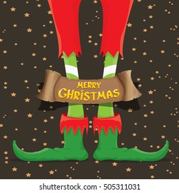 vector creative merry christmas greeting card with cartoon elf's legs, old vintage paper ribbon or banner and greeting handdrawn calligraphic text Merry christmas. Vector merry christmas background