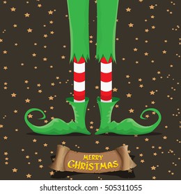 vector creative merry christmas greeting card with cartoon elf's legs, old vintage paper ribbon or banner and greeting handdrawn calligraphic text Merry christmas. Vector merry christmas background