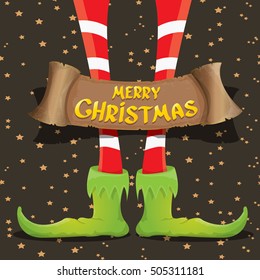 vector creative merry christmas greeting card with cartoon elf's legs, old vintage paper ribbon or banner and greeting handdrawn calligraphic text Merry christmas. Vector merry christmas background
