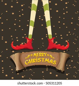 vector creative merry christmas greeting card with cartoon elf's legs, old vintage paper ribbon or banner and greeting handdrawn calligraphic text Merry christmas. Vector merry christmas background