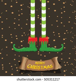 vector creative merry christmas greeting card with cartoon elf's legs, old vintage paper ribbon or banner and greeting handdrawn calligraphic text Merry christmas. Vector merry christmas background