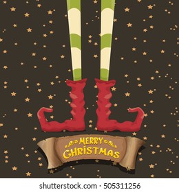 vector creative merry christmas greeting card with cartoon elf's legs, old vintage paper ribbon or banner and greeting handdrawn calligraphic text Merry christmas. Vector merry christmas background