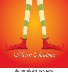 vector creative merry christmas greeting card with cartoon elf's legs, elf shoes and christmas stripped stocking on orange background . Vector merry christmas background