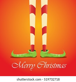 vector creative merry christmas greeting card with cartoon elf's legs, elf shoes and christmas stripped stocking on orange background . Vector merry christmas background
