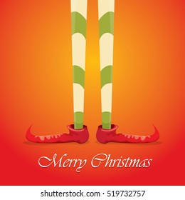 vector creative merry christmas greeting card with cartoon elf's legs, elf shoes and christmas stripped stocking on orange background . Vector merry christmas background