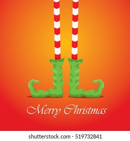 vector creative merry christmas greeting card with cartoon elf's legs, elf shoes and christmas stripped stocking on orange background . Vector merry christmas background