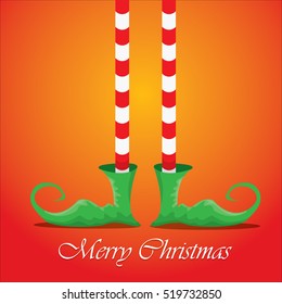 vector creative merry christmas greeting card with cartoon elf's legs, elf shoes and christmas stripped stocking on orange background . Vector merry christmas background