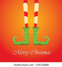 vector creative merry christmas greeting card with cartoon elf's legs, elf shoes and christmas stripped stocking on orange background . Vector merry christmas background