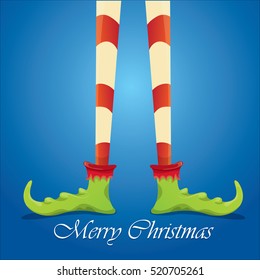 vector creative merry christmas greeting card with cartoon elf's legs and greeting calligraphic text Merry christmas on blue sky background. Vector merry christmas background