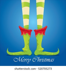 vector creative merry christmas greeting card with cartoon elf's legs and greeting calligraphic text Merry christmas on blue sky background. Vector merry christmas background