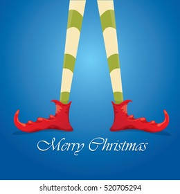 vector creative merry christmas greeting card with cartoon elf's legs and greeting calligraphic text Merry christmas on blue sky background. Vector merry christmas background