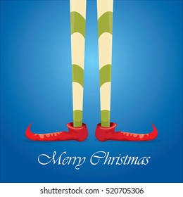 vector creative merry christmas greeting card with cartoon elf's legs and greeting calligraphic text Merry christmas on blue sky background. Vector merry christmas background